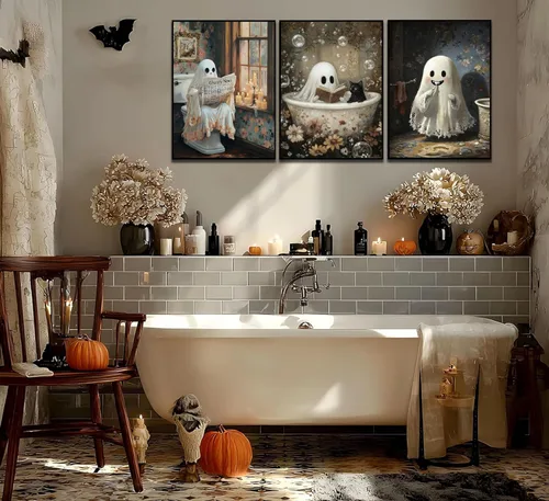 Vista 4 de 3 pósteres de fantasmas de Halloween, arte de pared, fantasmas de terror y gato negro en el baño, decoración de pared, imágenes góticas oscuras
