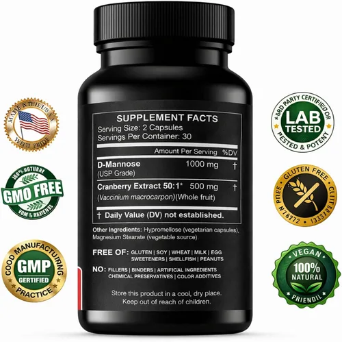 Vista 2 de HCL HERBAL CODE LABS Cápsulas de D-manosa con extracto de arándano de 1500 mg - Suplemento D-manosa de grado USP de alta potencia con polvo