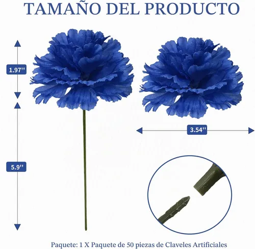 Vista 5 de Flor de clavel artificial, 50 cabezas de flores sintéticas de seda azul con Azul Oscuro