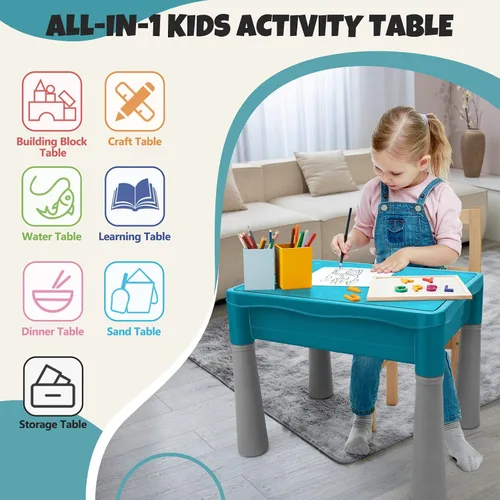 Vista 3 de Mesa de actividades para niños de doble cara con almacenamiento, mesa multiactividad todo en uno, 105 piezas de bloques de construcción con pista