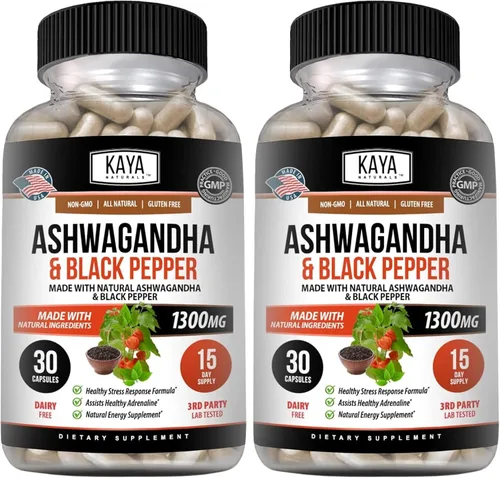 Vista 10 de Kaya Naturals Raíz de Ashwagandha con pimienta negra Suplemento adaptógeno de máxima fuerza de 1300 mg, ayuda a la salud suprarrenal, glandular