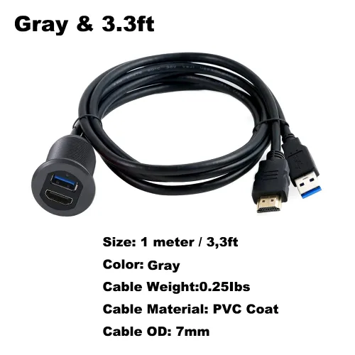 Vista 2 de MysRuida - Soporte USB 3.0 y HDMI con luz, 3.3 pies USB 3.0 macho a hembra y HDMI 4K macho a hembra, cable de extensión de montaje en panel