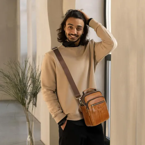 Vista 2 de Bolso de mensajero para hombre, bolso de cuero de grano completo para hombre, bolsos de hombro, bolsa cruzada para trabajo y negocios