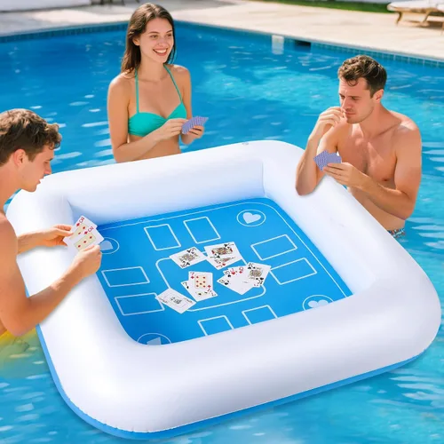 Vista 4 de Mesa de juego inflable para piscina con cartas impermeables (35.5 x 35.5 pulgadas, azul/blanco)