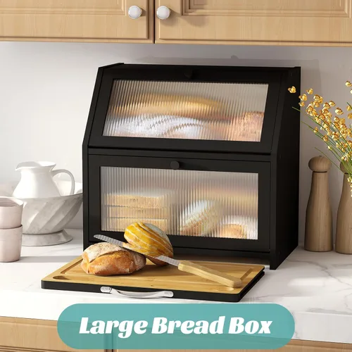 Vista 3 de Panera extragrande con tabla de cortar, panera de madera de bambú para encimera de cocina, contenedor de almacenamiento de pan de gran capacidad