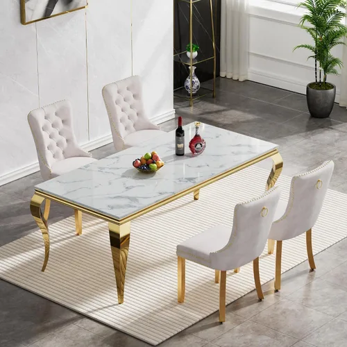 Vista 2 de Juego de 5 mesas de comedor de mármol sintético para 4 mesas de cocina de lujo de 68 pulgadas de oro blanco con 4 sillas tapizadas de terciopelo