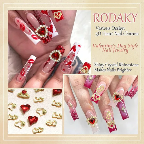 Vista 4 de RODAKY 40 dijes de uñas de corazón de cristal rojo, gemas de uñas para el día de San Valentín para uñas, arte de lujo, accesorios de decoración
