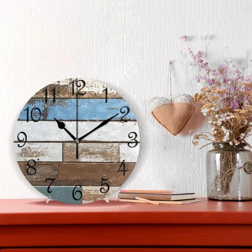 Vista 2 de Reloj de pared rústico retro con puerta de granero de madera, marrón, azul, funciona con pilas, silencioso, sin tictac, 10 pulgadas, reloj de mesa