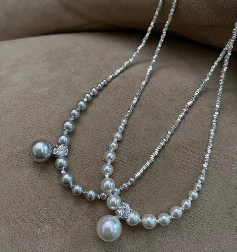 Vista 8 de Collar de perlas de plata triturada para mujer, collar de clavícula, collar de clavícula, gargantilla de perlas artificiales blancas, joyería de moda