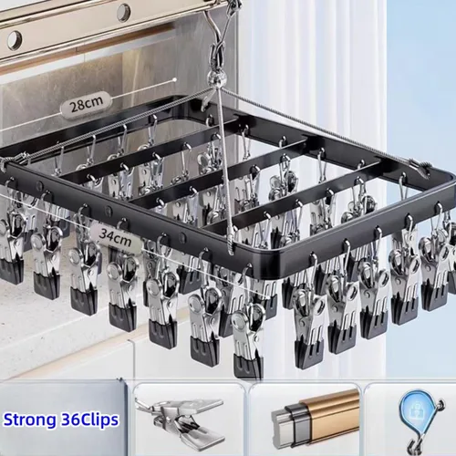 Vista 2 de Percha para pantalones de secado de ropa, perchas de metal con 36 clips, resistente al viento, colgador de ropa interior, clip plegable para jeans