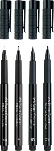 Vista 4 de Faber-Castell Pitt Artist Pen - Kit de dibujo de manga negra, 4 unidades, puntas surtidas, kit de dibujo de anime y manga