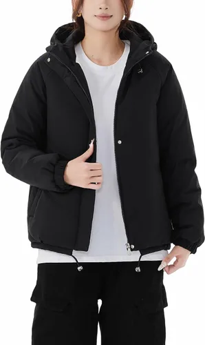 Vista 16 de JiangWu - Chaqueta con capucha de estilo Sherpa para mujer, forro polar grueso, abrigada para invierno A-Negro