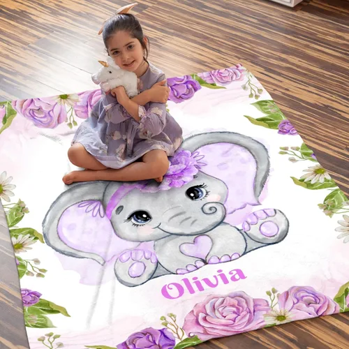 Vista 4 de Manta de franela personalizada con nombre de elefante bebé para niñas y niños, regalo divertido y significativo para todas las estaciones