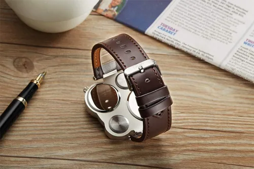Vista 5 de OULM Hombres Militar Oversize Multi Zonas Horarias 2 Diales Cuero Analógico Deportes Reloj de Pulsera HP9415