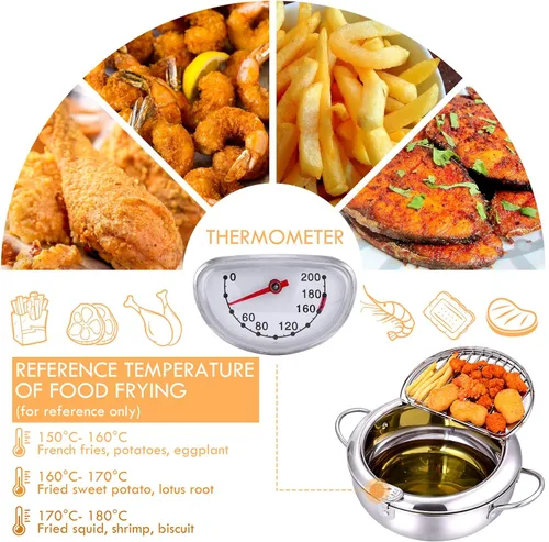 Vista 2 de cuomaop Kitchen Master Bundle: freidora de acero inoxidable de 9.4 pulgadas con medidor de temperatura + alfombrilla de secado de diatomita plegable