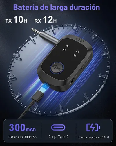 Vista 6 de Receptor transmisor Bluetooth 5.4, adaptador de audio inalámbrico 2 en 1 compatible con 2 auriculares, llamadas manos libres, 11.5H RX/10H TX