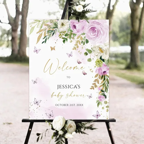Vista 8 de Cartel de bienvenida personalizado para baby shower, cartel de bienvenida floral de niña, póster de bienvenida de rubor rosa Versión #1