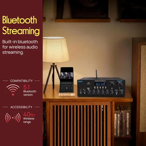 Vista 2 de Pyle Amplificador de Transmisión Inalámbrica Bluetooth, Receptor de Audio para Hogar Multicanal de 200W con Entrada/Salida de Alta Definición