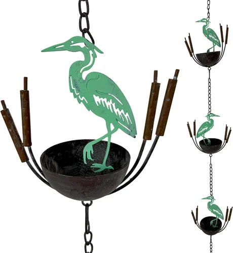 Vista 10 de Cadena de lluvia de metal de 85 pulgadas con 7 pájaros cardenales rojos tridimensionales, acabado marrón rústico, campana pesada en la parte
