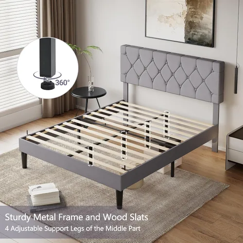 Vista 6 de VECELO Base de cama tamaño Queen con cabecera capitoné con botones, plataforma tapizada con soporte de listones de madera, no necesita somier