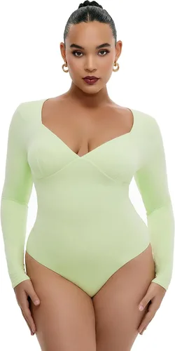 Vista 3 de Body de manga larga para mujer, doble forro, cuello en V, tanga adelgazante, colección Softhug