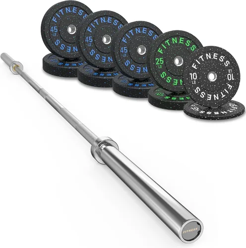 Vista 39 de HANDBODE Olympic Barbell Set, 2-Inch Bumper Plates with Weight Plate Rack