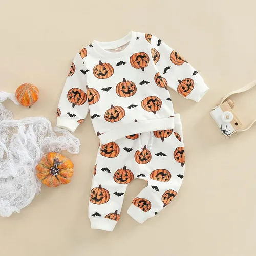 Vista 4 de Kayotuas Conjunto de camisa y pantalones de manga larga con cuello redondo para bebé, disfraz de calabaza, fantasma, calabaza, fantasma, camiseta