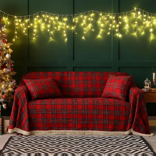 Vista 7 de Oudain Juego de fundas de sofá navideñas con 2 fundas de almohada de 71 x 134 pulgadas, fundas de sofá rojas a cuadros búfalos, funda de sofá de 3