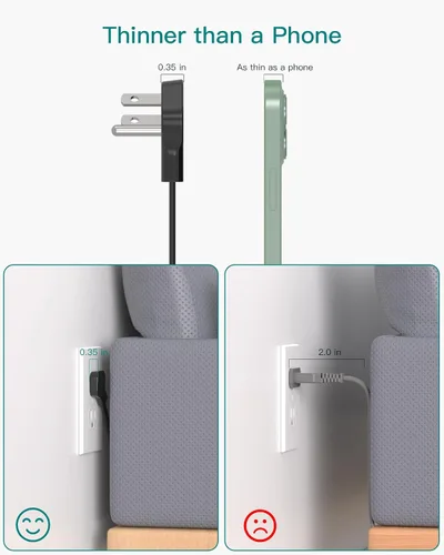 Vista 3 de Cable de extensión de pared plano - Regleta protectora de sobretensiones con 12 tomas, 5 pies, extensor de salida con múltiples tomas, montaje