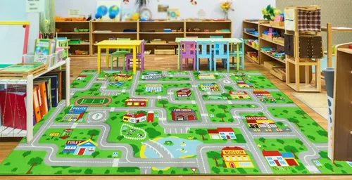 Vista 17 de Capslpad Alfombra Azul de Coche y Carretera para Niños, Alfombra de Juego para Sala de Juegos, Alfombra Antideslizante Lavable con Mapa de la Ciudad
