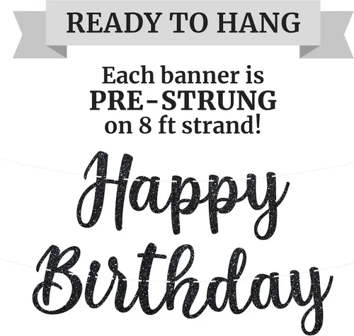 Vista 3 de Cartel de feliz cumpleaños pre-encordado – No DIY – Cartel negro de feliz cumpleaños para hombres y mujeres – Guirnalda preencordada en hebras de 6