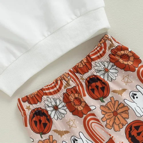 Vista 6 de DuAnyozu Traje de Halloween para bebé niña, camiseta de manga larga, camiseta con letras de calabaza, pantalones de campana, ropa de otoño + diadema