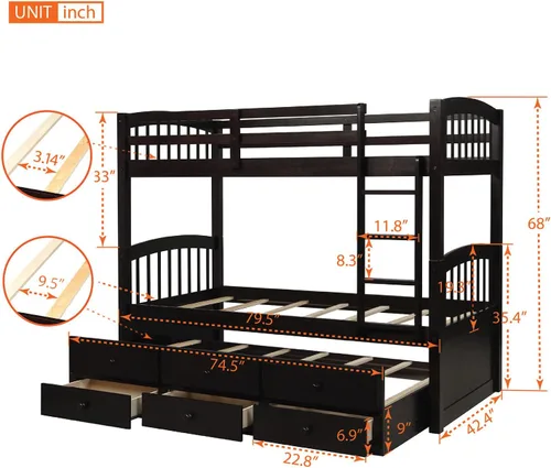 Vista 2 de Harper & Bright Designs - Litera de tamaño individual sobre individual con nido y cajones de almacenamiento, base de cama de madera con barandilla