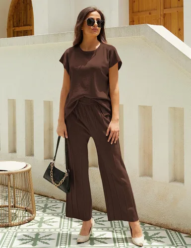 Vista 3 de Zaxqunty Conjuntos de 2 piezas para mujer, conjuntos de suéter, chaleco de punto, pantalones de cintura elástica