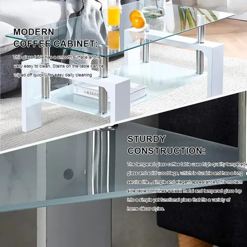 Vista 5 de Mesa de centro de cristal, mesa central rectangular de 2 niveles