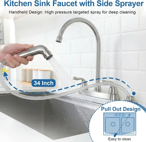Vista 2 de Grifo de Cocina SHACO con Rociador Lateral, Grifo de Fregadero de Acero Inoxidable de 2 Asas con Línea de Suministro de Agua, Grifo de Cocina