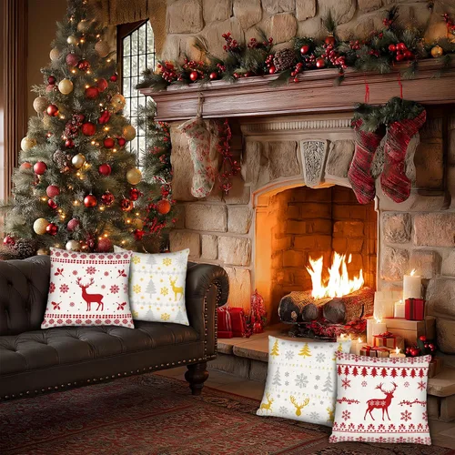 Vista 7 de PICKFORU Juego de 4 fundas cuadradas de almohada navideñas de 18 x 18 pulgadas, fundas cuadradas de invierno con ciervos navideños para sofá