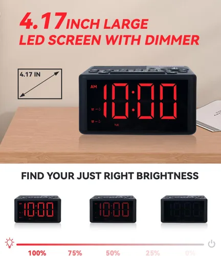 Vista 3 de Reloj de alarma digital con radio AM/FM, preajustes, alarmas duales, alarma de días laborables/fines de semana, función de repetición, temporizador