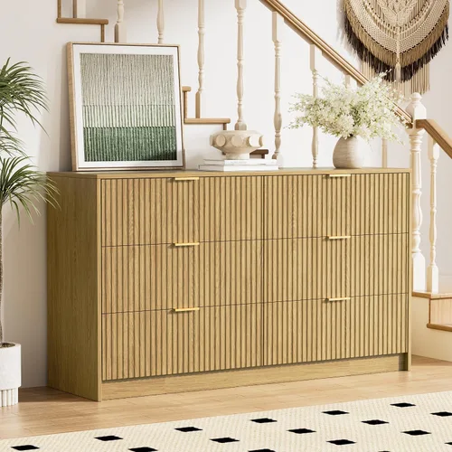 Vista 29 de Furniway - Cómoda color beige para habitación, moderna, 3 cajones y deslizadores suaves, cómoda ancha con jaladeras doradas para sala o armario
