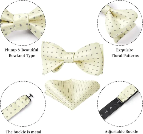 Vista 45 de HISDERN Pajaritas para hombre, diseño de lunares, corbatín y bolsillo cuadrado, clásico, esmoquin de negocios, boda, pajaritas, pañuelo