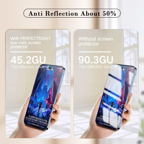 Vista 4 de PERFECTSIGHT Sapphire - Protector de pantalla antideslumbrante y antiluz azul, diseñado para iPhone 14 Pro, protección ocular de vidrio templado