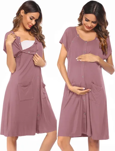 Vista 7 de Ekouaer - Vestido de maternidad 3 en 1 para trabajo de parto/hospital, camisón de lactancia, ropa de dormir para amamantar con botones S-XXL A-Negro