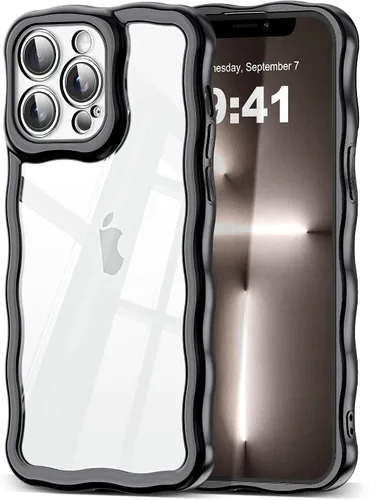Vista 95 de SKYLMW Funda compatible con iPhone 12 Pro, diseño de ondas rizadas kawaii, borde chapado de lujo, elegante parte trasera transparente brillante, TPU
