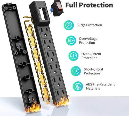 Vista 3 de PLUGTUL Paquete de 2 protectores de sobretensiones con 6 tomas de corriente y cable de extensión de 2 pies, 1875 W/15 A, 90 julios, protección Negro
