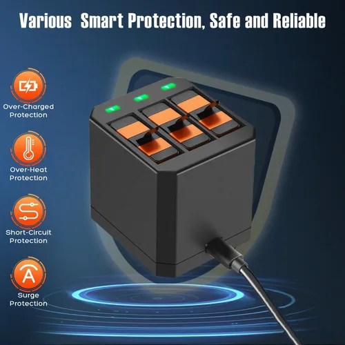Vista 5 de Vemico Hero 7 Kit de cargador de batería con 1500 mAh 2 paquetes Hero 5 Baterías USB-C Cargador de 3 ranuras para Hero 7 Negro, Hero 6 Negro, Hero 5