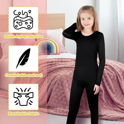 Vista 4 de Conjunto de 3 ropa interior térmica para niñas, suave, largo, para invierno, parte superior e inferior con forro polar y capa base para niñas