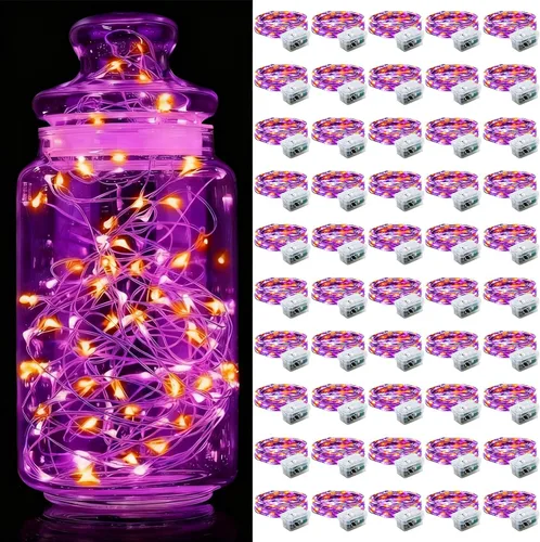 Vista 31 de Aogist Paquete de 24 luces de hadas, 3 modos, 2,1 metros, 20 luces LED, impermeables, cable plateado, funcionan con pilas, mini luces de alambre
