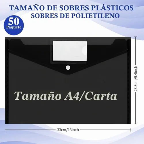 Vista 2 de Yeaqee 50 piezas de sobres de plástico sobres de polietileno carpetas de archivos con botón a presión carpetas transparentes para documentos