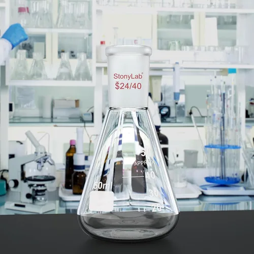 Vista 5 de StonyLab Frasco Erlenmeyer de vidrio 24/40, frasco de pared pesado de vidrio borosilicato con junta exterior cónica estándar 24/40, 1.7 fl oz