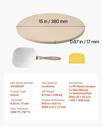 Vista 7 de VEVOR Piedra para Pizza, Piedra Redonda para Pizza de 15 pulgadas, Piedra para Hornear de Cordierita Grande de 0.67 pulgadas con Pala de Metal